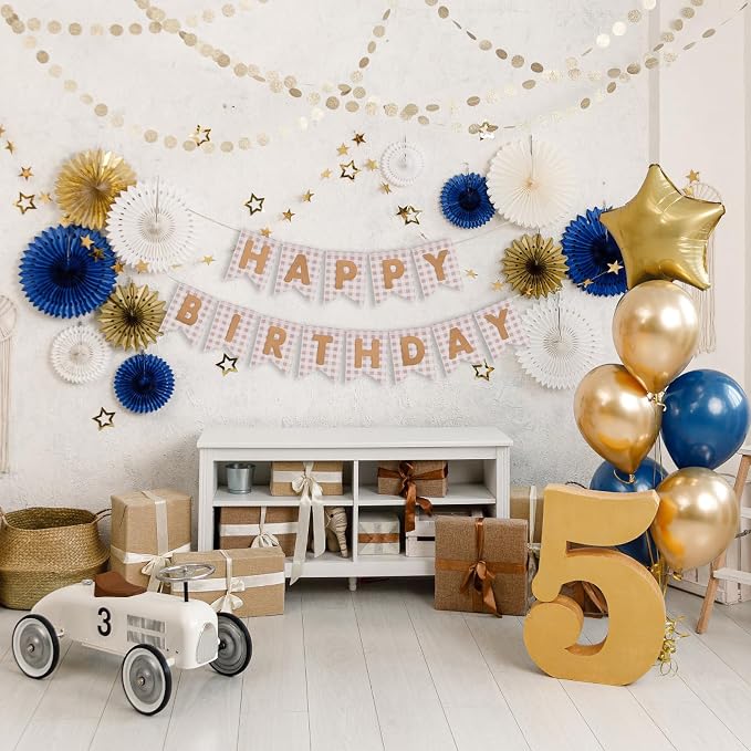 Custom Banner Kit - DIY Burlap Banner with 92 Felt Letters - Personalized for Birthday, Wedding & Party Decorations (beige gingham+beige letter)