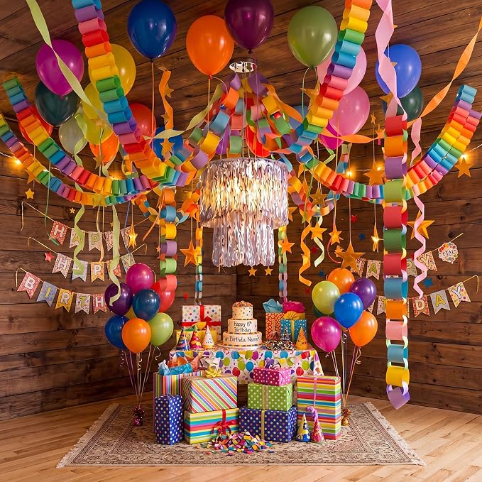 Blueweenly Fancy Princess Birthday Party Decorations Paper Chain Garland Strip Ceiling Party Classroom Decor Crepe Streamer Glitter Star Chandelier Balloons for Wedding Birthday(Rainbow,Large,5 Pcs)