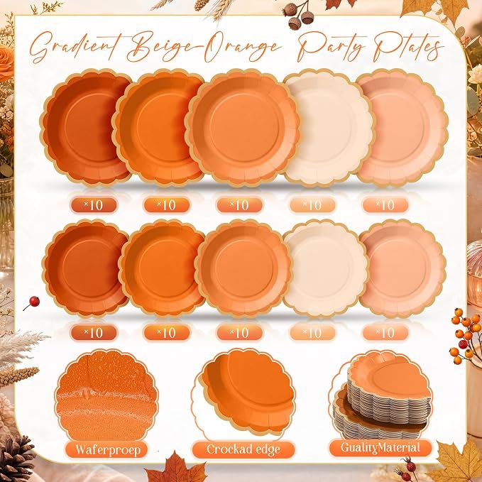 Zhehao 150 Pcs Fall Beige Orange Plates and Napkins Tableware Serves 50 Includes 9 Inch 7 Inch Beige and Orange Scalloped Wave Edges Paper Plate and Napkins for Wedding Birthday Baby Shower Party