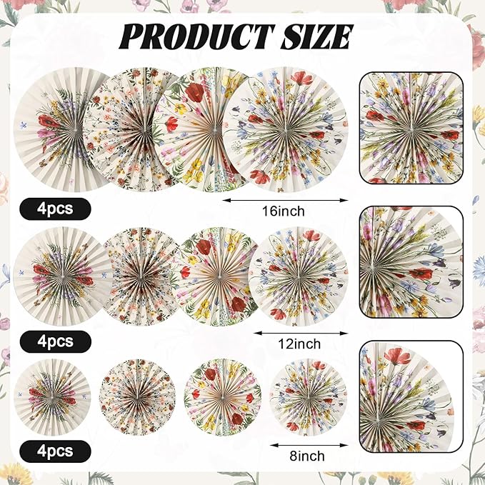 Feifeiya 12 Pcs Watercolor Floral Hanging Paper Fans 8'' 12'' 16'' Wildflower Paper Fans Set Hanging Flowers Ornaments for Spring Summer Wedding Birthday Garden Tea Party Decoration