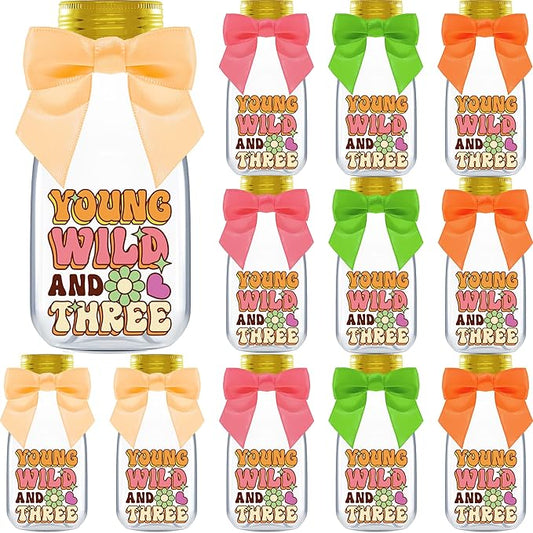 Ethisa Small 12 Pack Young Wild and Three Party Favors - DIY Candy Jars with Ribbons and Stickers - Funky Groovy Party Decoration Bottles for 3rd Birthday for Boy or Girl - Retro Table Centerpieces