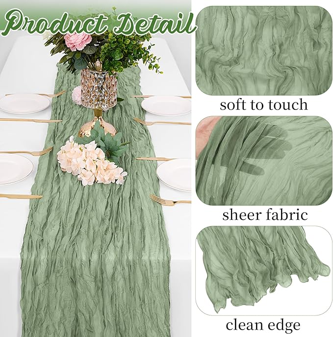 16 Pack Sage Green Cheesecloth Table Runners 20x120 Inch Gauze Table Runner Cheese Cloth 10FT Green Table Runner Rustic Sheer Runner for Wedding Baby Shower Birthday Party Table Decor
