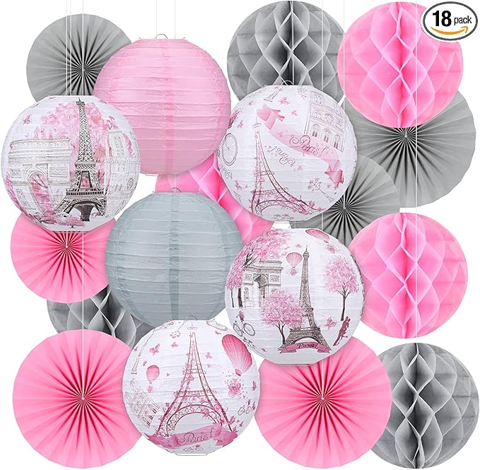 Retisee 18 Pcs Paris Party Decorations Eiffel Tower Theme Hanging Paper Lanterns Pink Grey Honeycomb Fans Honeycomb Ball for European City Landscape Pink Theme Party Birthday Ceiling Decor Supplies