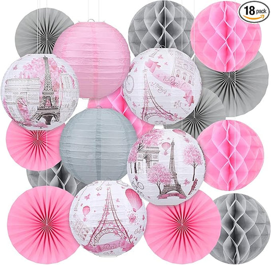 Retisee 18 Pcs Paris Party Decorations Eiffel Tower Theme Hanging Paper Lanterns Pink Grey Honeycomb Fans Honeycomb Ball for European City Landscape Pink Theme Party Birthday Ceiling Decor Supplies