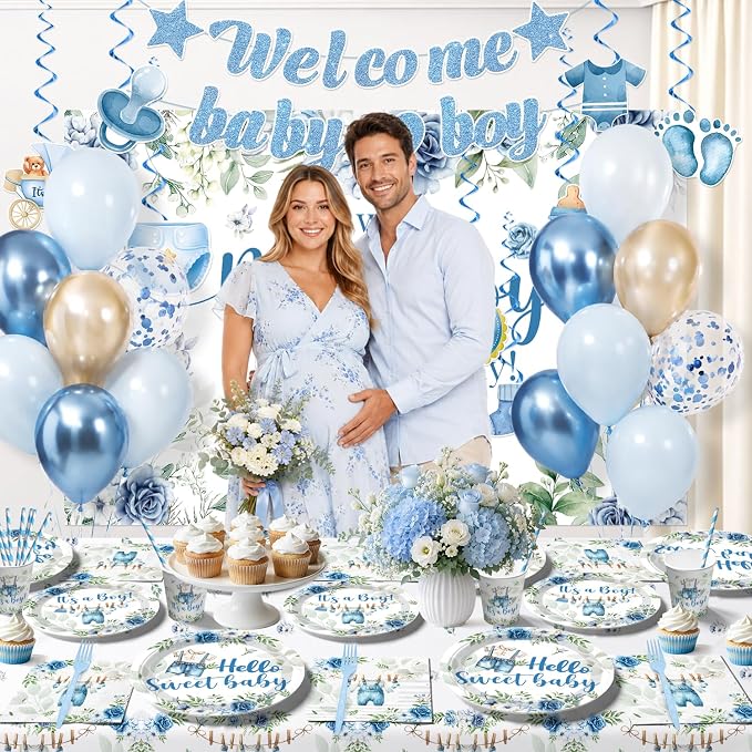 cocomigo 222Pcs Baby Boy Shower Decorations, All-in-One Blue Baby Shower Party Supplies Includes Banner, Backdrop, Cake Topper, Paper Plates and Napkins, Easy Setup Baby Shower Boy Decor, Serves 25