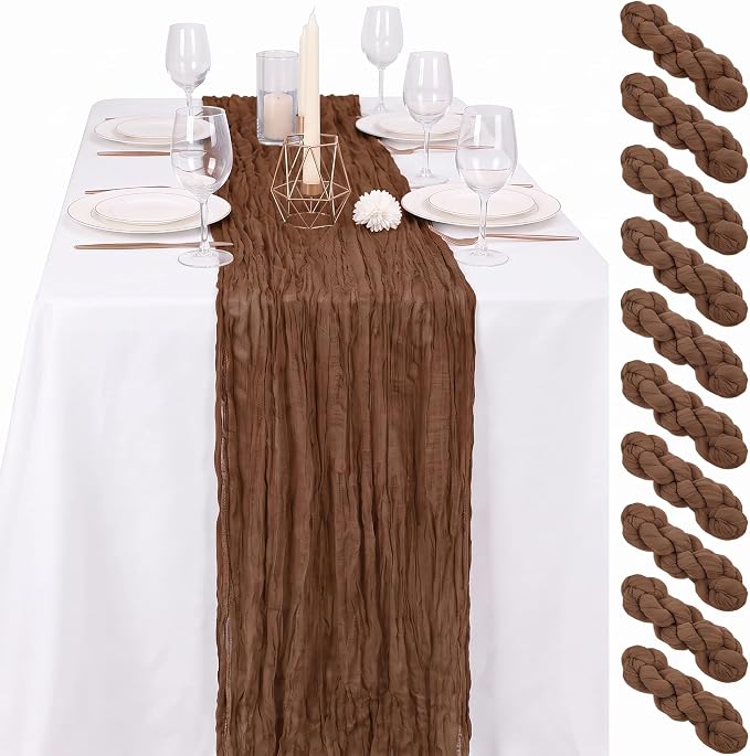 10 Pack Brown Cheesecloth Table Runner 17"x108" Boho Gauze Fabric Table Runner Vintage Rustic Sheer Runners for Wedding Party Bridal Baby Shower Table Decorations