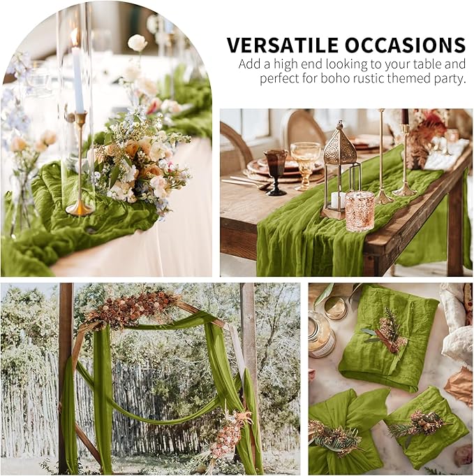 6 Pack Olive Green Cheesecloth Table Runner,Long Romantic Semi Sheer Rustic Boho Gauze Table Runners for Wedding Bridal Shower Birthday Party Decorations(17.7×108 Inch)