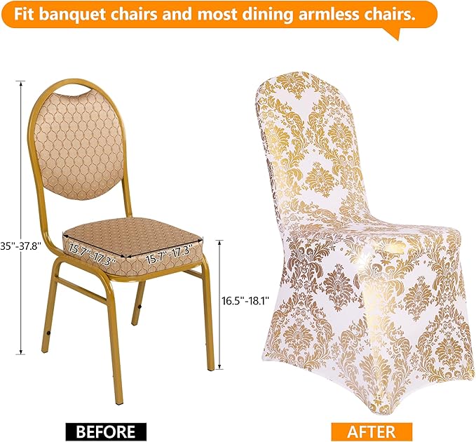 Pack of 6 Dining Chair Covers Bronzing Gold Flower Print Removable Washable Spandex Stretch Decorative Chair Slipcovers Set for Party Wedding Home Decorations - Gold+White