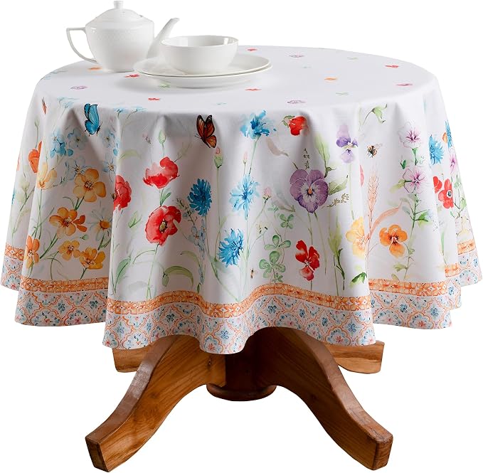 Maison d' Hermine Table Cloth Round Table 100% Cotton 63 Round Inches Tablecloth Reusable Decorative for Dining Kitchen Room Farmhouse Party Home Hotel Restaurant Spring Summer - Summer Whisper