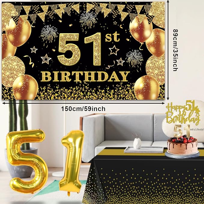 51st Birthday Decorations Men Women with 51st Birthday Banner, Black and Gold Table Cloth, Number Balloons, Large Sash, Cake Topper and Candles