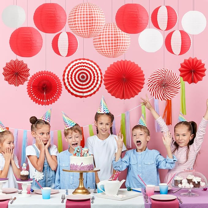 16 Pcs Picnic Party Decorations Kit, Hanging Red and White Checkered Paper Lanterns Paper Fans for Summer Barbecue Birthdays Holidays Picnic Party Supplies