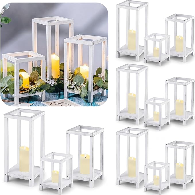 Sliner 24 Pcs Wedding Lantern Centerpiece Set Include 12 Rustic Wooden Candle Lantern 12 Flameless LED Candle for Wedding Party Baby Shower Table Fireplace Farmhouse Home Decoration (White)