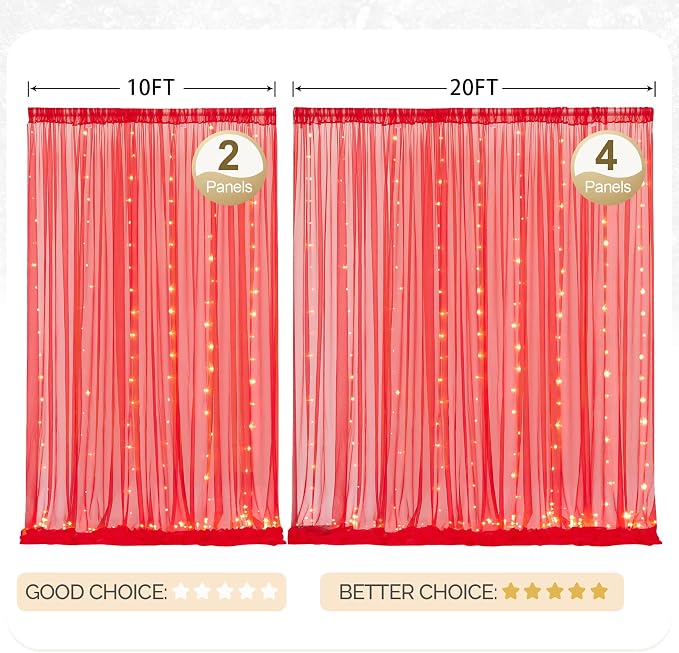 10x10ft Red Tulle Backdrop Curtain with Lights String for Parites, Sheer Photo Backdrop Curtains with Lights for Valentines Wedding Backdrop Ceremony Reception Bridal Baby Shower Birthday Party
