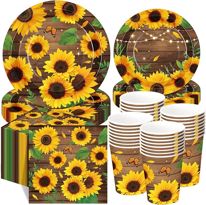 Ziliny 250 Pcs Sunflower Party Decorations Include Spring Summer Floral Paper Plates Napkins and Cups for Wildflower Baby Shower Tea Decorations, Serve 50 Guest(Yellow and Brown,Sunflower Style)