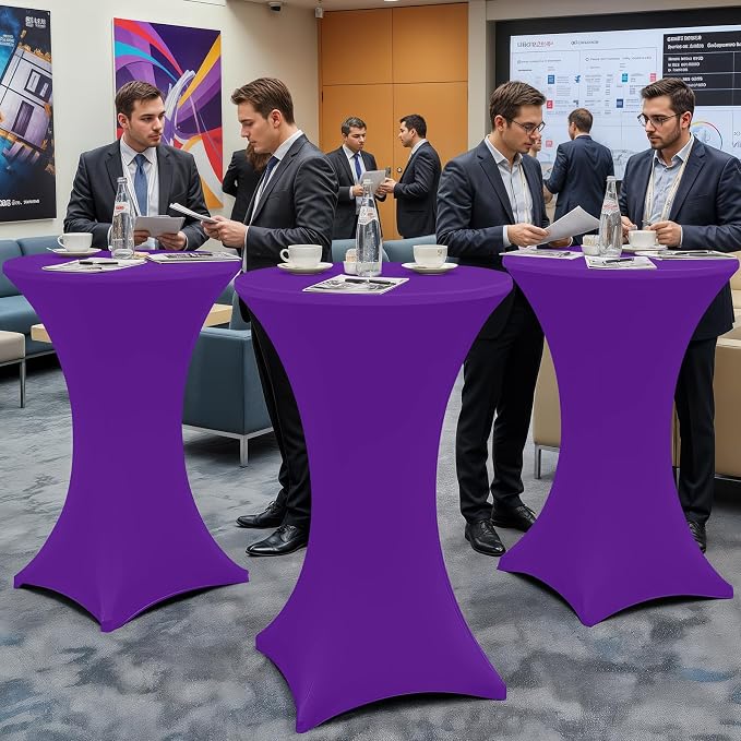 Moosfor Spandex Cocktail Table Covers 4 Pack, Elastic Fitted Stretch Table Cloth, Round High Top Tablecloths for Bar, Party, Pub, Wedding & Banquet (Purple, 32x43 Inch)