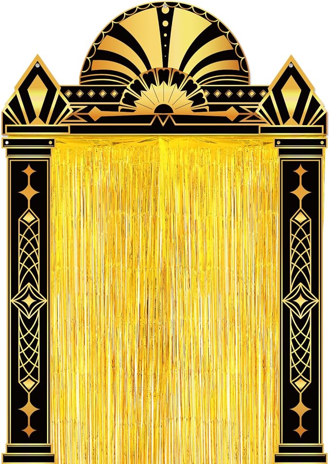 Peryiter 5 Pcs 1920s Party Decorations with Gold Foil Curtain Backdrop Roaring 20's Themed Backdrop Awards Night Party Decor for Vintage Black Gold Art Event for Halloween, New Year, Birthday