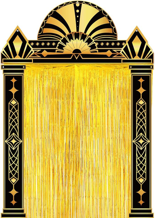 Peryiter 5 Pcs 1920s Party Decorations with Gold Foil Curtain Backdrop Roaring 20's Themed Backdrop Awards Night Party Decor for Vintage Black Gold Art Event for Halloween, New Year, Birthday