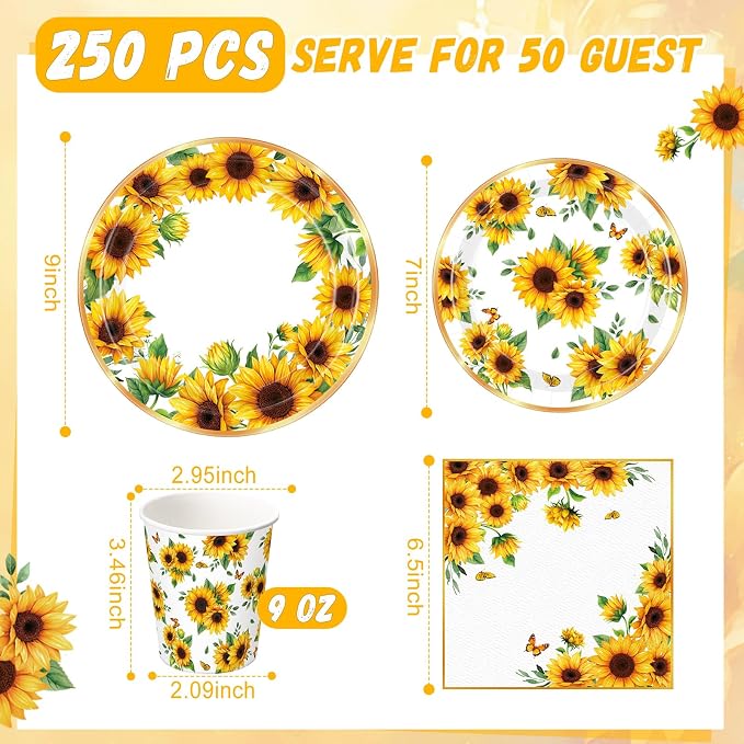 Ziliny 250 Pcs Sunflower Party Decorations Include Sunflower Paper Plates Napkins and Cups for Birthday Wedding Baby Shower Bridal Shower Tea Decorations, Serve 50 Guest