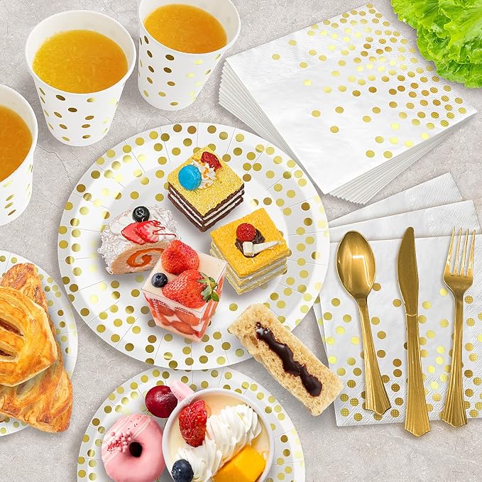 AIRE 350PCS White and Gold Party Supplies, Bulk Disposable Dinnerware Set Serves 50, Heavy Duty Paper Plates & Plastic Cutlery Forks Knives Spoons for Wedding, Anniversary, Large Event