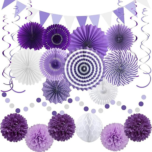 24 Pcs Purple Birthday Decorations Kit, Reusable Hanging Paper Fans Triangle Banner Tissue Pom Poms for Lavender Party Event and Wedding Graduation Bridal Shower Retirement