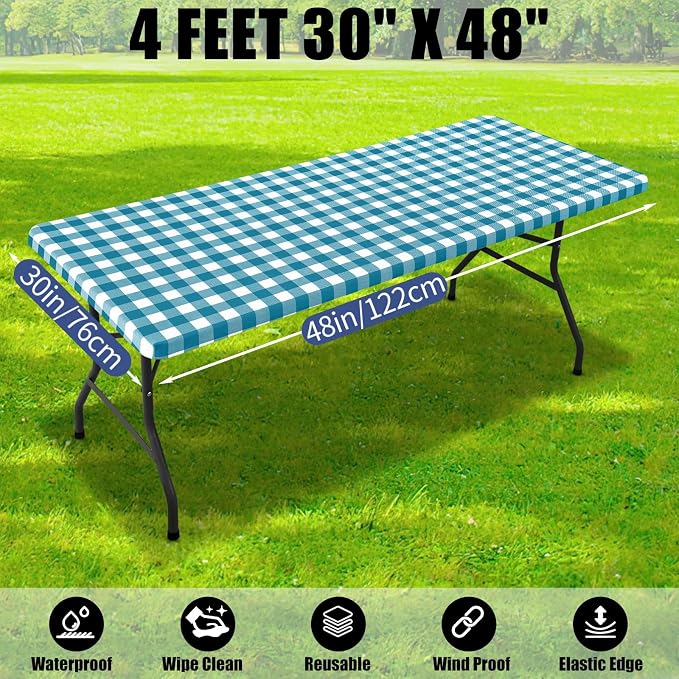 Smiry Picnic Table Cloth 4 Pack, Waterproof Elastic Fitted Tablecloths for 4FT Rectangle Tables, Washable Polyester Buffalo Plaid Tablecloth for Camping & Outdoor (Turquoise & White, 30" x 48")