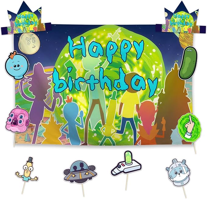 Allenjoy Cartoon Fantasy Space Adventure Birthday Party Supplies Sets - 1pc 59" x 35" Backdrop, 2pcs Paper Headwear, 8pcs Photo Booth Props