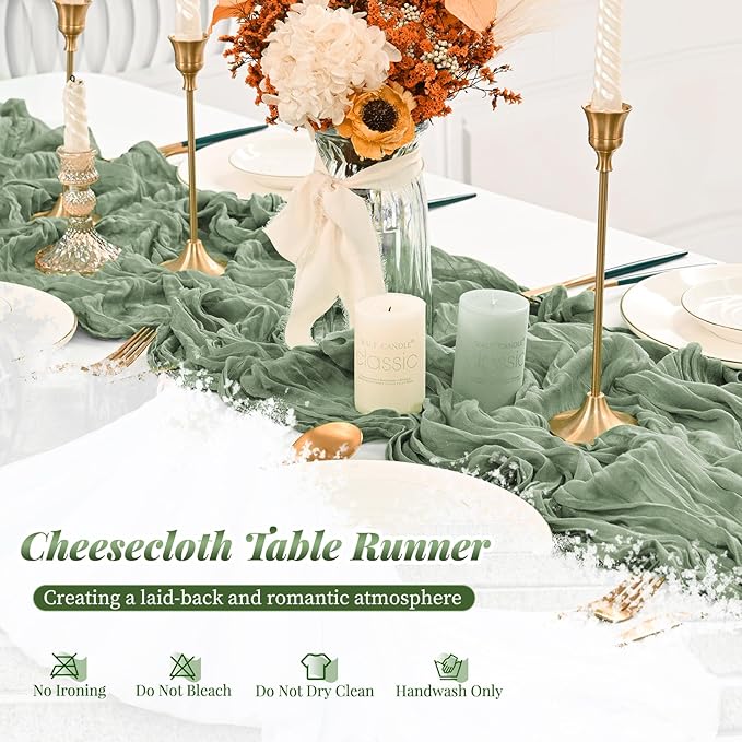 12 Pack Sage Green Table Runner, 10FT Cheesecloth Table Runner Long Romantic Semi Sheer Rustic Boho Gauze Table Runners for Wedding Bridal Shower Birthday Party Decorations(21.5×120 Inch)