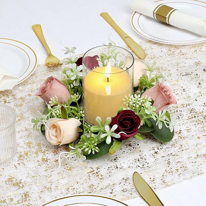 2 Sets Rose Candle Rings Wreaths, 3 Inch Artificial Flowers Candle Rings with LED Flameless Candles Burgundy Pink Eucalyptus for Table Centerpieces Home Wedding Party Decor