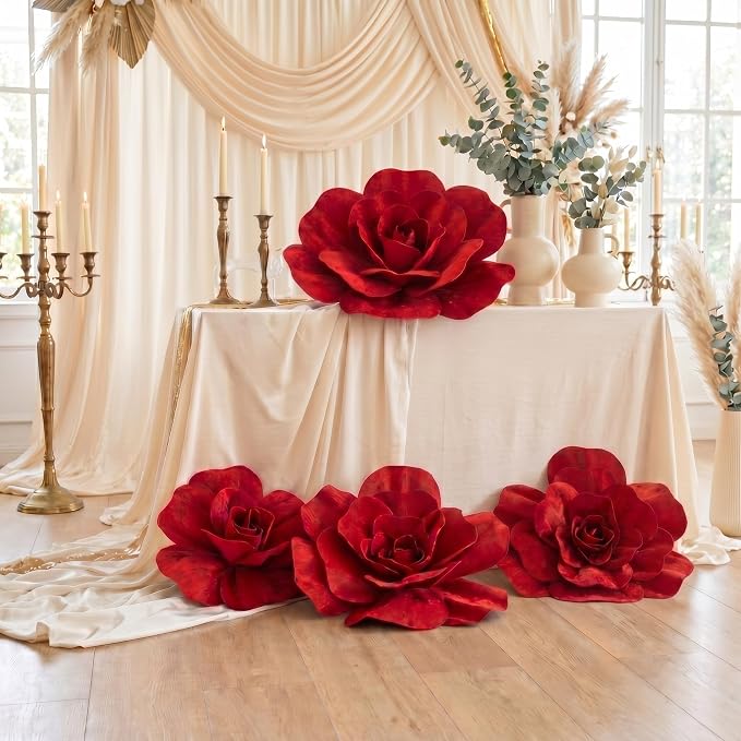 Norme 3 Pcs Artificial Giant Burgundy Velvet Run for The Rose 12, 16, 20 Inch Rose Petals Big Paper Flowers Giant Flower Decorations Large Burgundy Flowers for Valentine, Home Decor