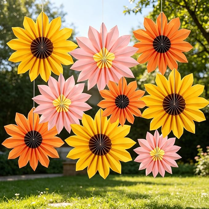 Orange Yellow Paper Fan, Pink, Orange and Yellow Paper Flowers for Sunflower Party Decorations, Paper Flowers Decorations for Wall, Sunflower Birthday Decor, Baby Shower, Classroom Decor