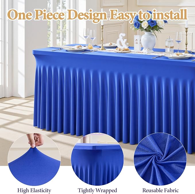 Shillance 6 Packs Royal Blue Tableclothes for 8 Foot Rectangle Table, Wrinkle Free Spandex Tablecovers 8FT Stretch Fitted Table Cloth with Skirt for Birthday Parties Graduations Event Wedding Banquet