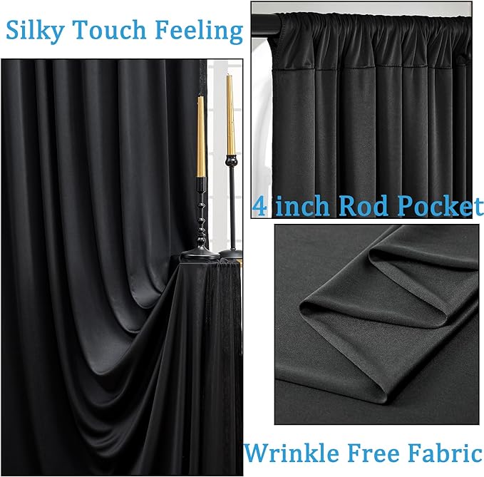 40ftx10ft Wrinkle Free Black Backdrop Curtain for Parties, 8 Panels Silky Polyester Black Photo Backdrop Drapes Back Drop Cloth Draping Fabric for Birthday Wedding Graduation Photography Background