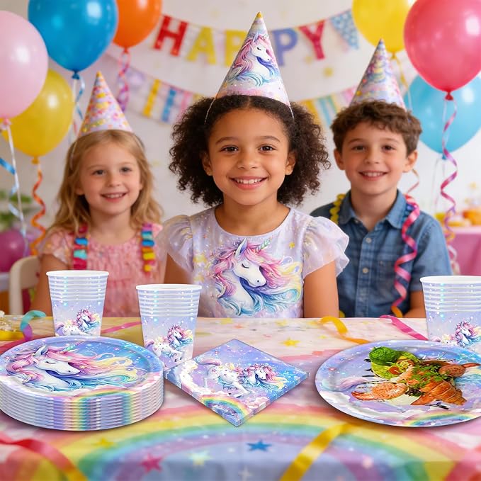 80pcsPegasus Party Supplies Set - Whimsical Ombre Mane & Rainbow Horn Design, Includes Dinner Plates,Dessert Plates, Napkins, Cups for Kids' Magical Fairy Tale Birthday Party Decorations, Serve 20