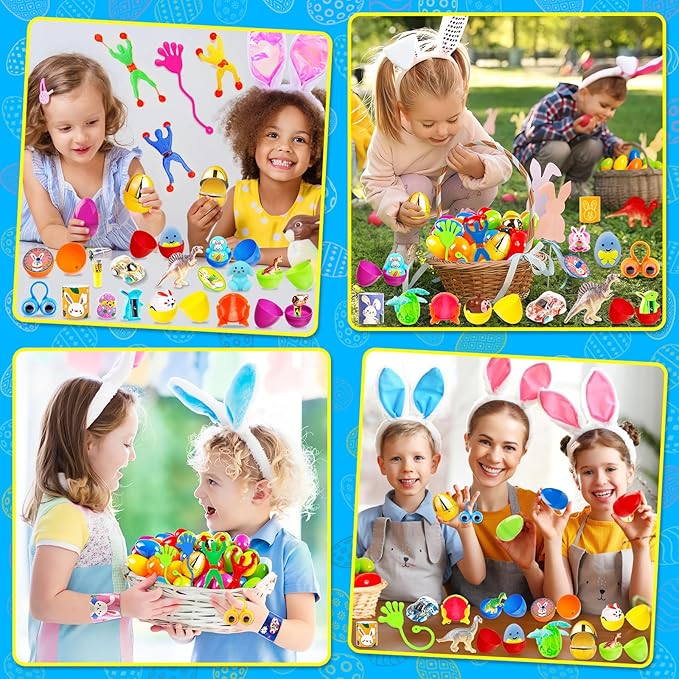 Adisher [ 6 Surprise Golden Eggs ] 100 PACK Prefilled Easter Egg Fillers, Easter Basket Stuffers Egg Hunt with Toys Goodie Bags Stuffers Party Favors Classroom Prize Supplies for Kids