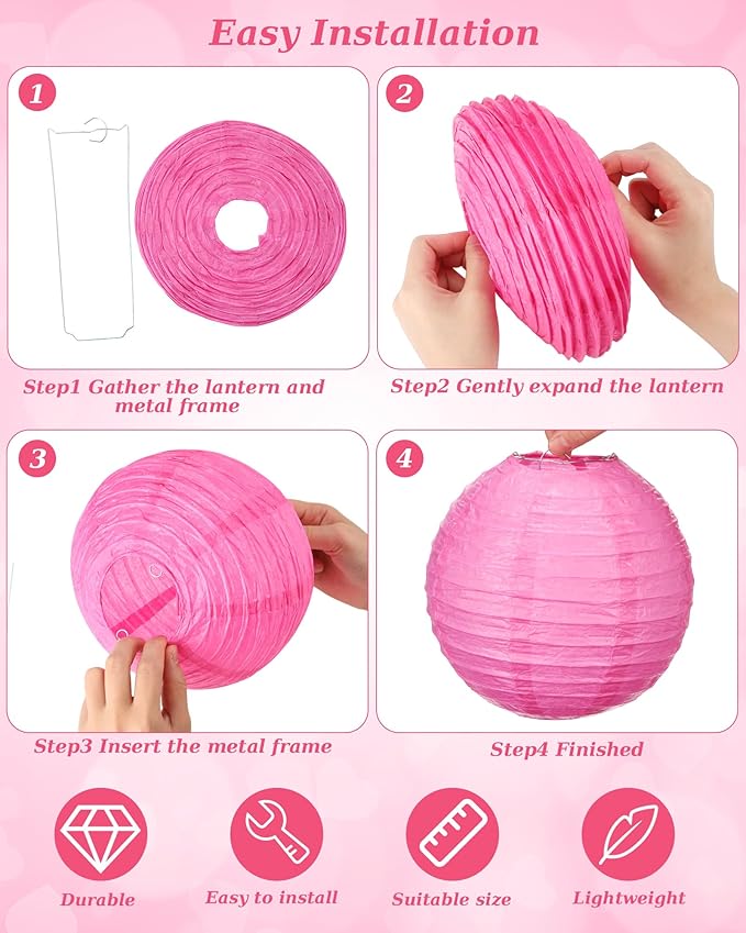 Treela 48 Pcs Paper Lanterns Party Decorations Chinese Round Paper Decor 4/6/8/10 Inch Asian Hanging Lamps Decorative for Graduate Wedding Birthday Party Bridal Parties Supplies(Pink Series)