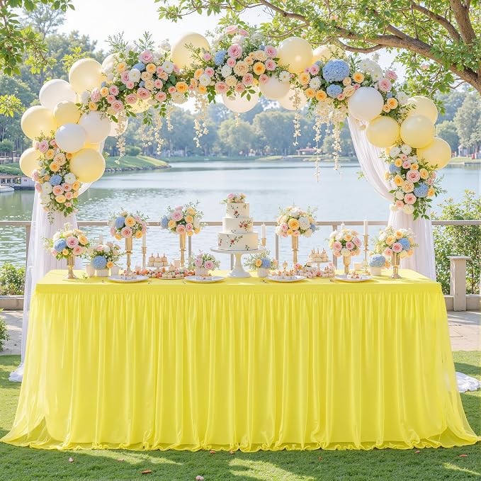 Yellow Tulle Tablecloth for 6 Foot Rectangular Tables 6ft Yellow Rectangle Table Cloth Wrinkle Free Table Cover with Tutu Skirt for Birthday Cocktail Banquet Buffet Lemon Citrus Fruit Party Decoration