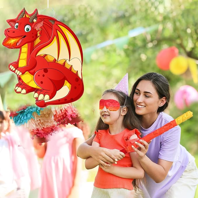 Dinosaur Pinata Set Dino Themed Pinata with Stick and Blindfold Girls Dinosaur Birthday Party for Animal Theme Party Decoration Baby Shower Game Supplies(Red Dino)