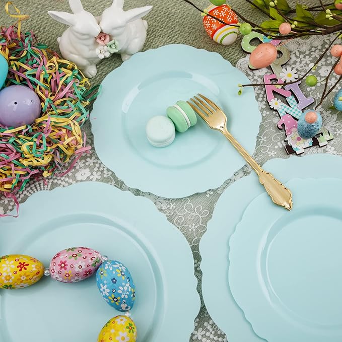 WDF 60pcs Mint Green Plastic Plates - Baroque Dinner Plates Including 30 Green Plates Disposable10.25inch, 30 Dessert Plates 7.5inch for Upscale Wedding/Party/Picnic/Spring