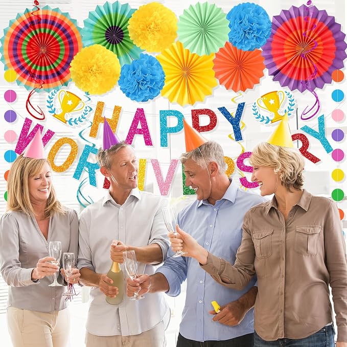 Roetyce Work Anniversary Party Decorations Women Men, Colorful Happy Workiversary Banner Paper Fans, Happy Work Anniversary Photo Backdrop Background for Employee Coworker Office Party Supplies