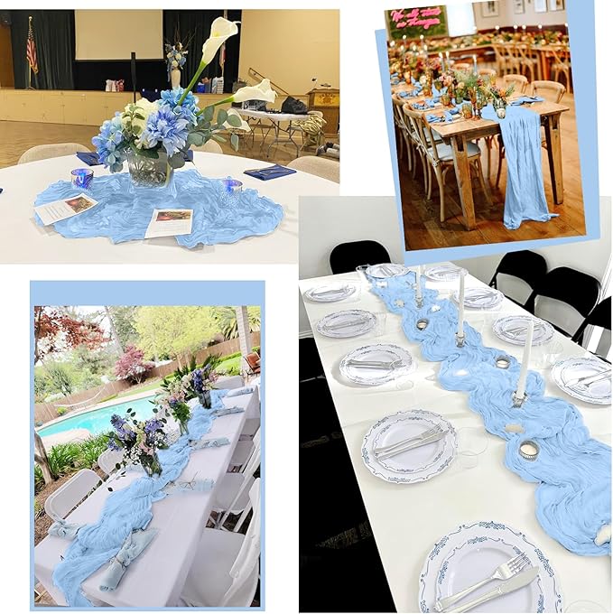 12 Pack Light Blue Table Runner 10Ft Cheesecloth Table Runner Rustic Gauze Table Runners Romantic Long Sheer Fabric Cheese Cloth Table Runners for Wedding Party Bridal Baby Shower
