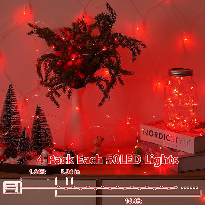YEGUO Fairy Lights Battery Operated, 4 Packs Each 16ft 50 LED String Lights, Christmas Lights Indoor for Bedroom Wedding Party Holiday Gift(Red)