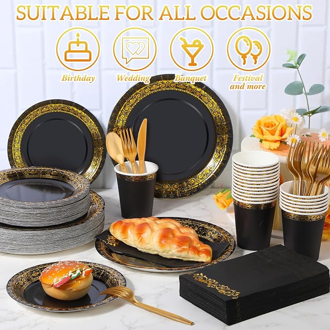 meekoo 350 Pcs Black Party Dinnerware Set Disposable Paper Plates for 50 Guests 9in and 7in Dinner Dessert Plates Napkins Gold Rim Plastic Cups Knives Forks Spoons for Party Wedding(Round Floral)