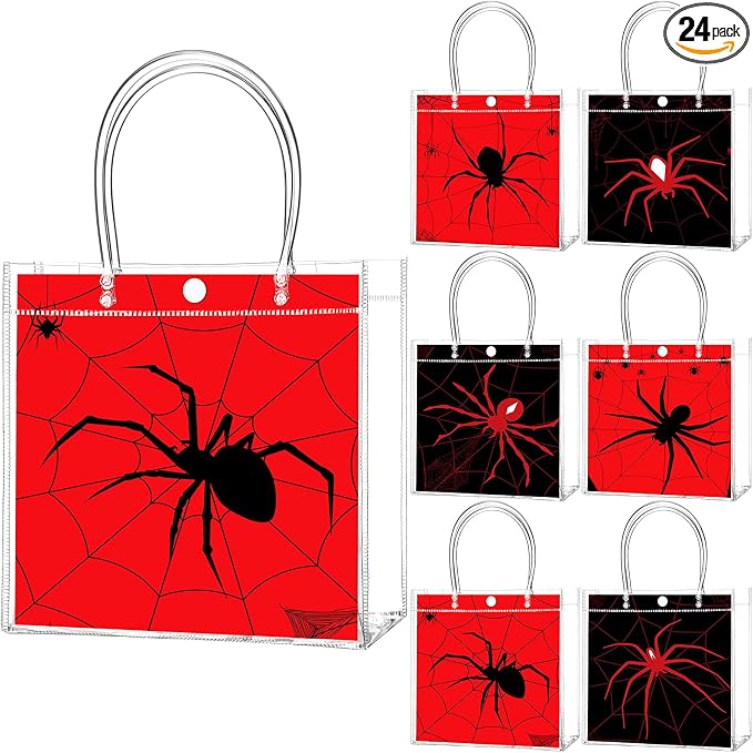 Teenyyou 24 Pcs Spider Party Favor Bags Bulk Spider Web Clear PVC Goodie Reusable Transparent Treat Snack Cookie Candy Bags with Handles for Birthday Party Supplies