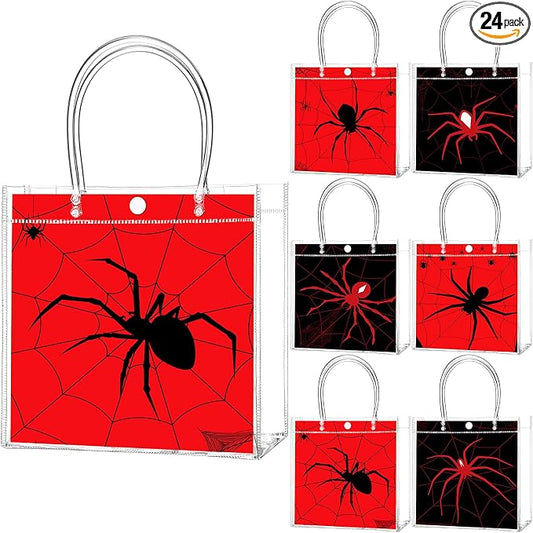 Teenyyou 24 Pcs Spider Party Favor Bags Bulk Spider Web Clear PVC Goodie Reusable Transparent Treat Snack Cookie Candy Bags with Handles for Birthday Party Supplies