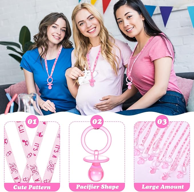 Coume 60 Pieces Baby Shower Pacifiers Necklace Acrylic Pacifiers Necklace Charm Party Favors for Girls Boys Baby Shower Party Decorations Table Scatter(Girl Style,Pink)