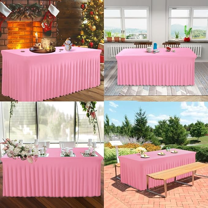 BDDC One-Piece Spandex Table Cover Skirt for 6FT Rectangle Tables | GRS-Certified Eco-Friendly Fabric, Elastic Fitted Ruffle Tablecloth, Washable, For Banquets, Weddings & Parties