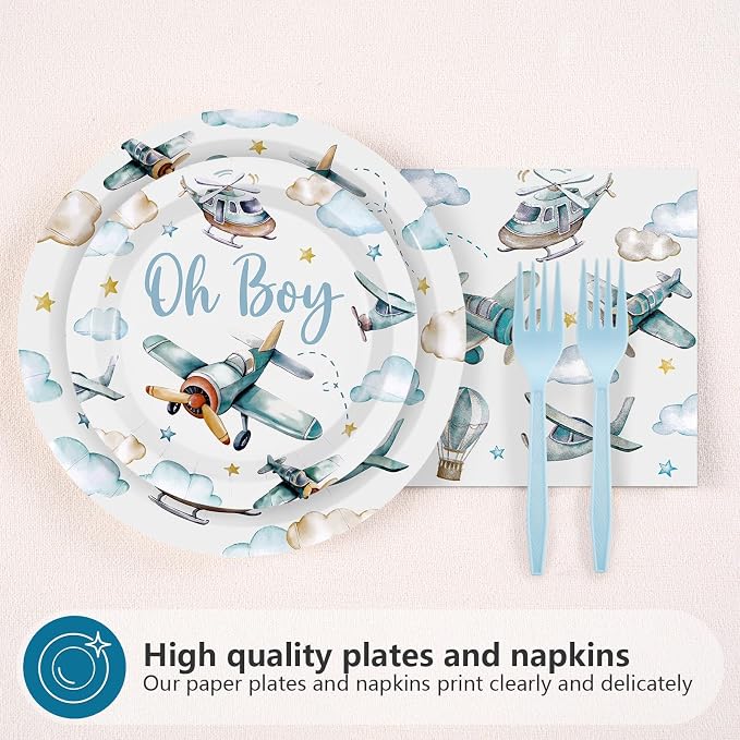 Grencian 96Pcs Airplane Baby Shower Decorations Airplane Boy Baby Shower Paper Plates and Napkins Disposable Party Supplies Plates for Boys Little Explorer Landing Soon Adventure Party Decorations