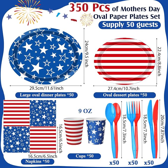 Pajean 350 Pcs 4th of July Party Decorations 12 inch Disposable Patriotic Oval Plates and Napkins Heavy Duty Star Stripe Paper Tableware Set for 50 Guests 250th Independence Party Supplies