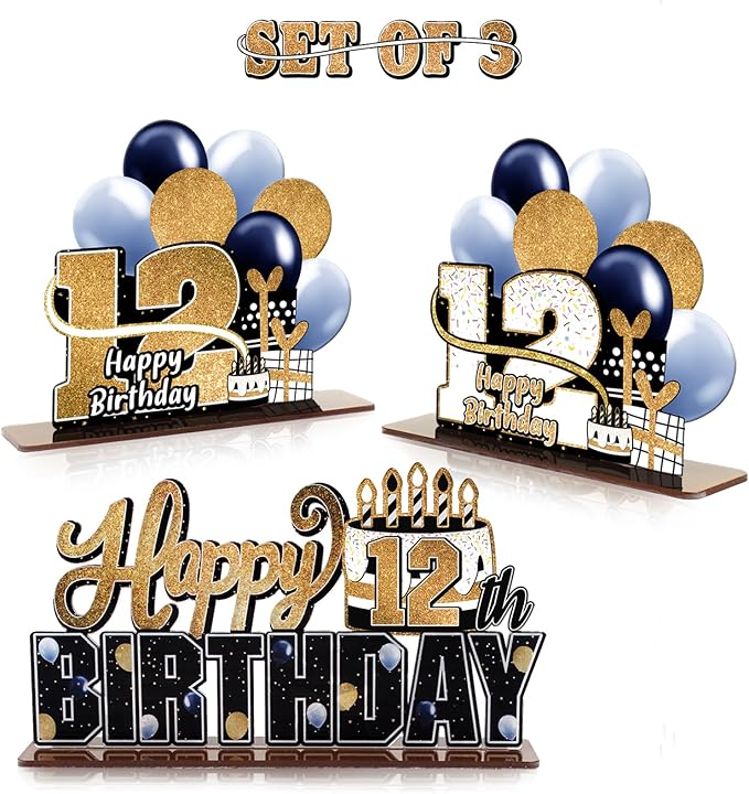 LINGTEER Happy 12th Birthday Gold Acrylic Table Topper Centerpieces Set - Cheers to Twelve Years Old Birthday 12th Bday Party Gift Decorations.