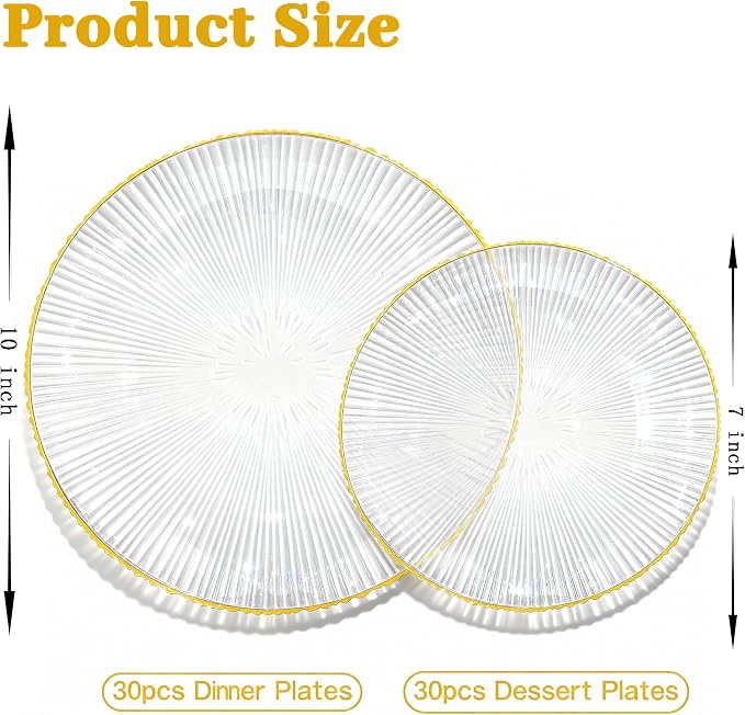 DaYammi 60Pcs Clear Plastic Plates with Gold Rimmed - Gold Disposable Plates Set Including 30pcs Dinner Plates,30pcs Dessert Plates with Radial Texture for Party & Wedding Dinner
